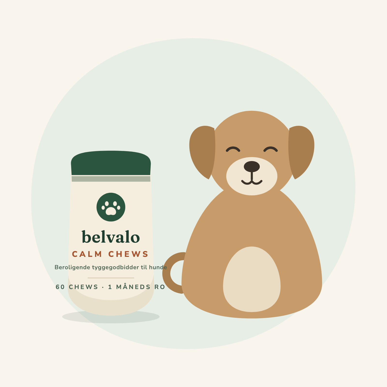 Rolig hund ved siden af en pose Belvalo Calm Chews